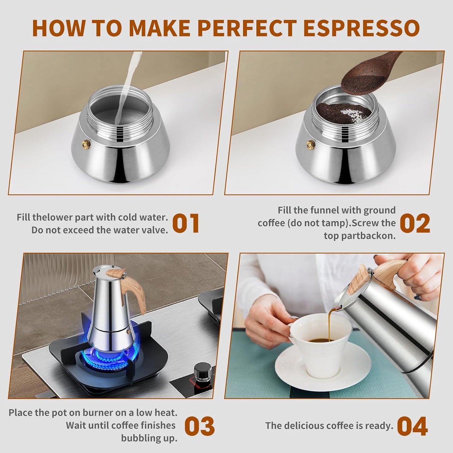Edelstahl Espressokocher für 6 Tassen, induktionsfähig