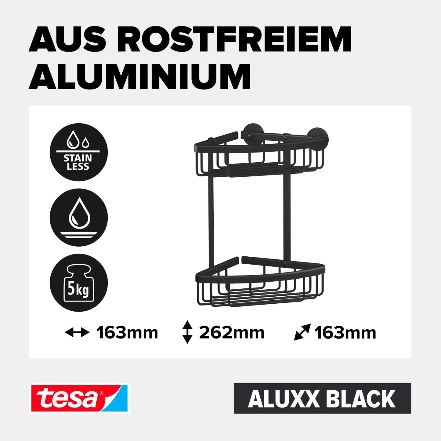 ALUXX BLACK Eck-Duschkorb inkl. Klebelösung ohne Bohren, Eck-Duschablage (Doppel)