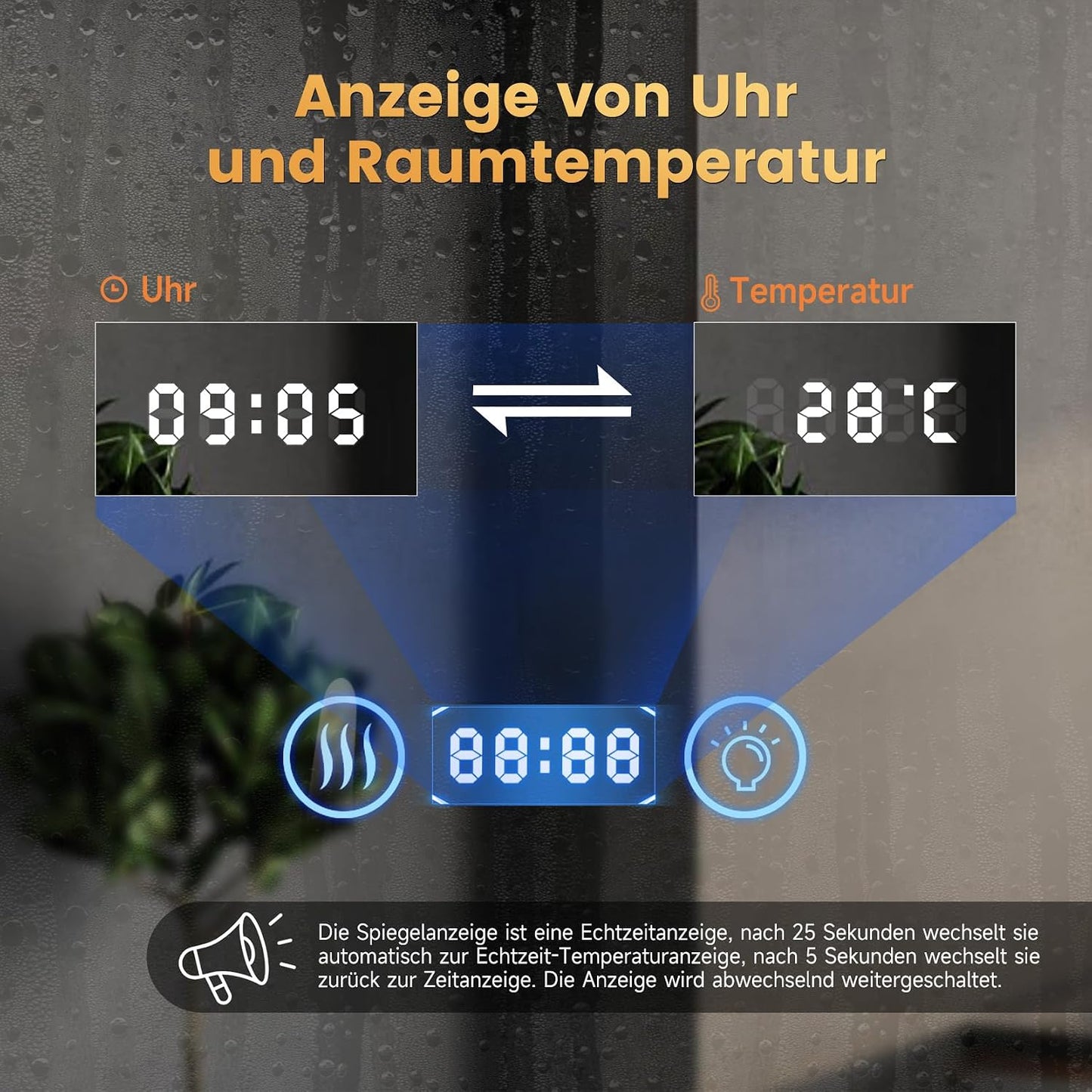 LED-Badspiegel mit Uhr und Schminkspiegel, 60L x 100B cm mit Uhr