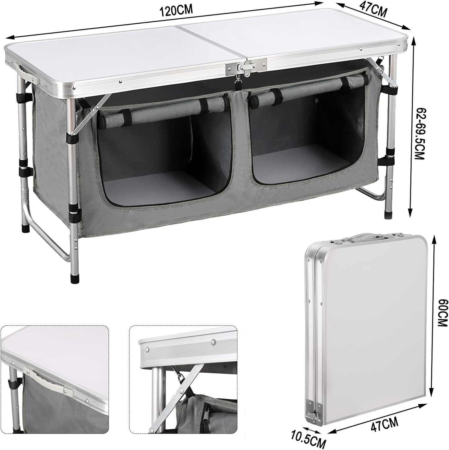 Faltbarer, höhenverstellbarer Campingtisch mit Stauraum, Weiß+grau