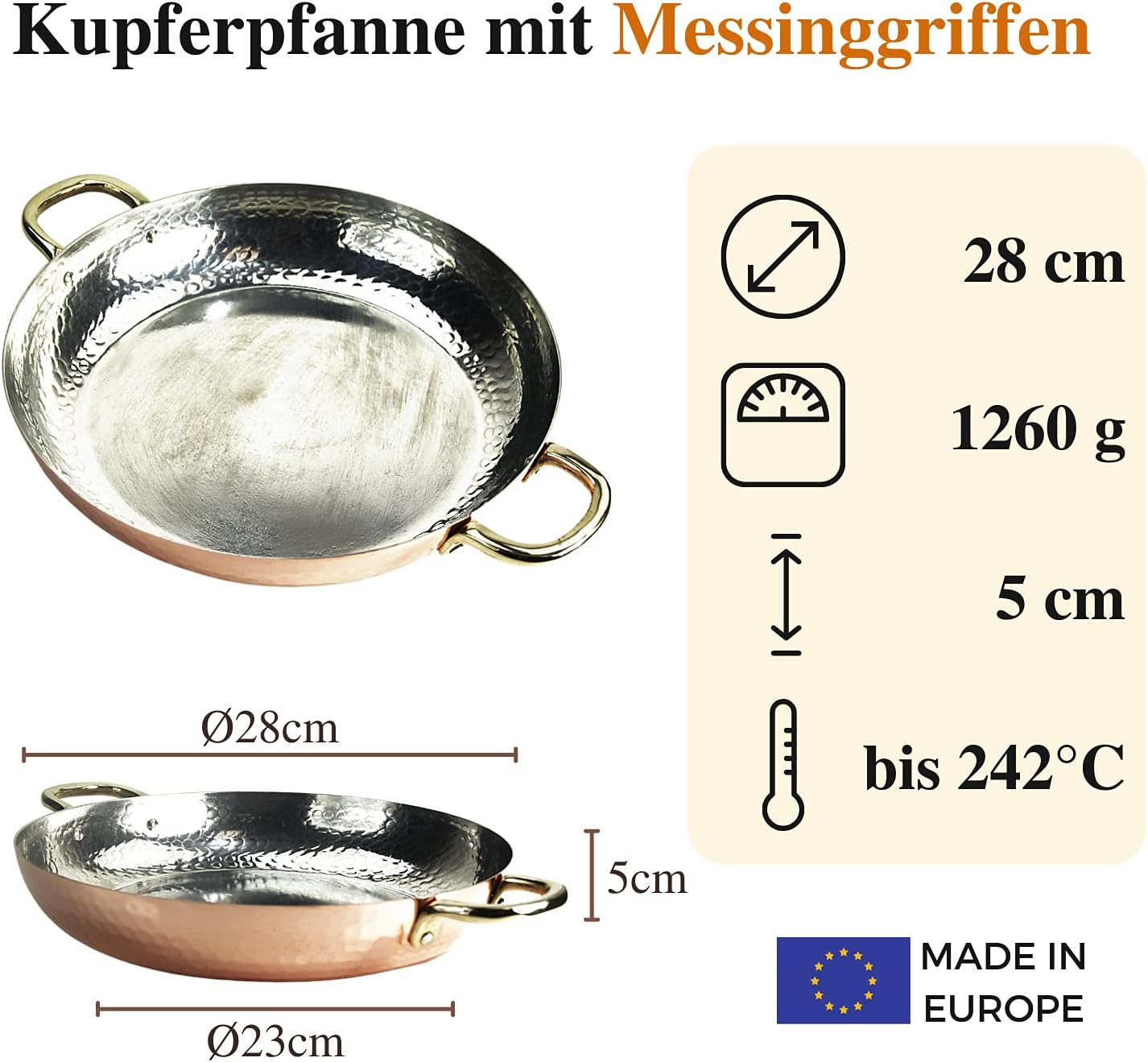 Kupferpfanne mit Zinnbeschichtung, 28 cm mit Griffen