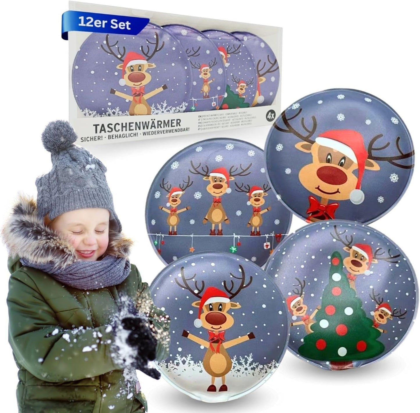 12er-Set Taschenwärmer Rentier Rudolph, 12er Spar Set rund