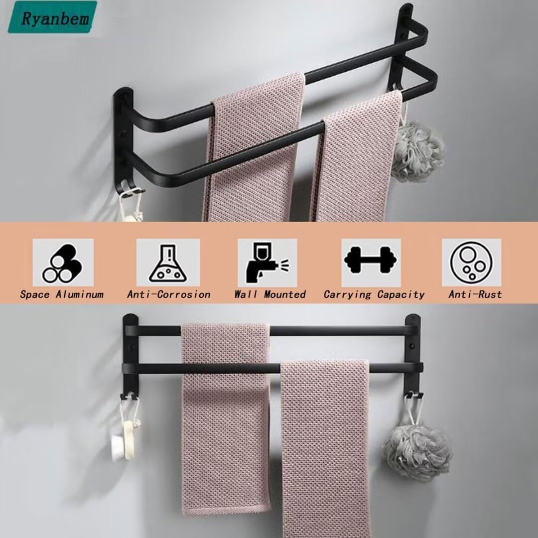 Handtuchhalter mit 2 Stangen und Haken, Schwarz 2 Stangen 40cm