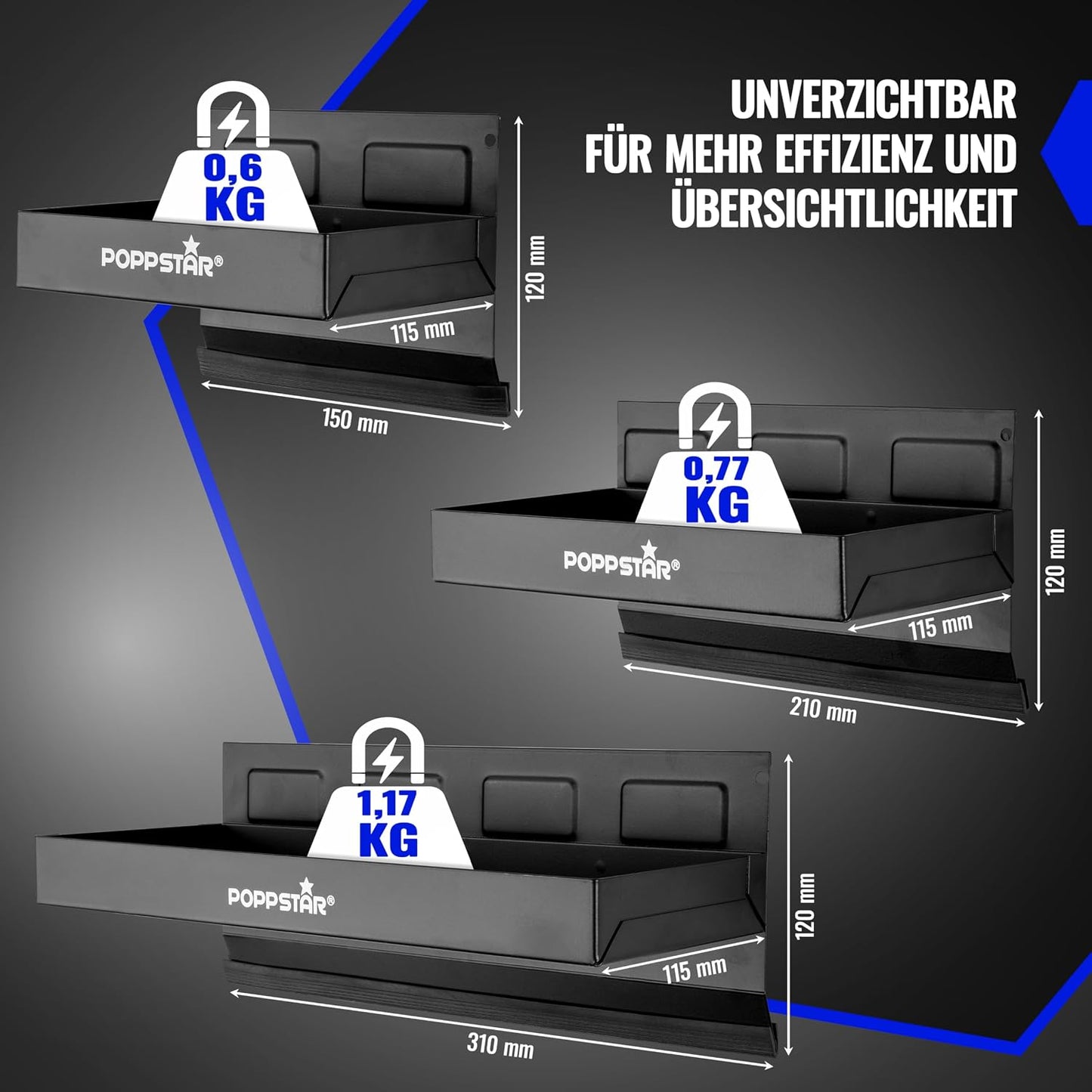 Magnetische Werkzeugschalen, 3 Stück, Stahl, 3 Ablagen