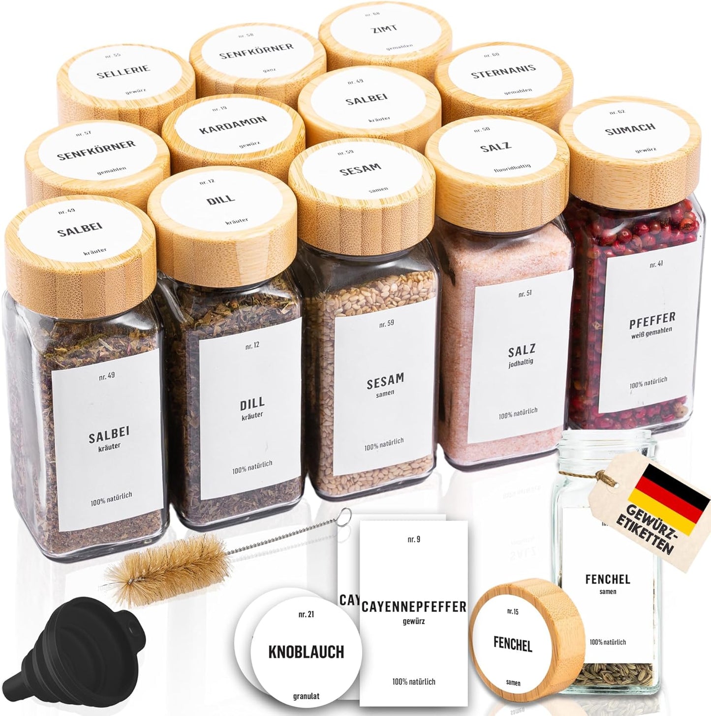 Gewürzgläser mit Etiketten und Reinigungsbürste, 12er Set - Weiss