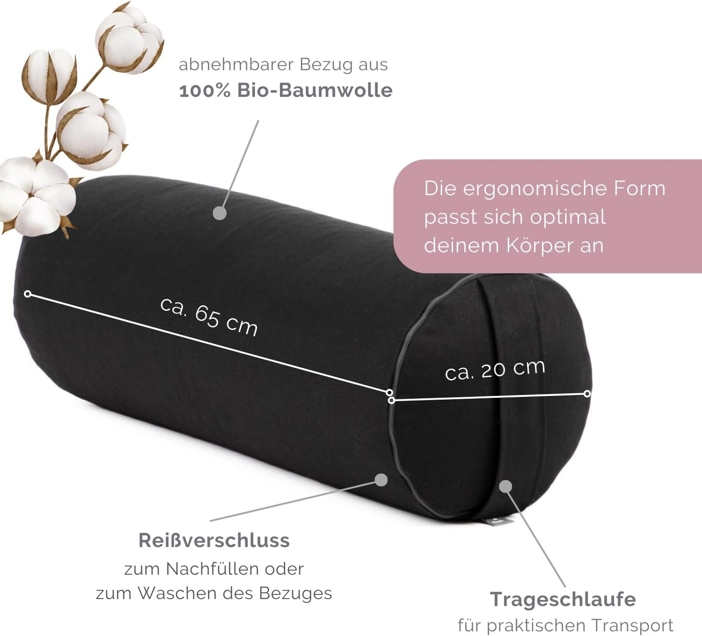 Yoga Bolster Eco mit Bio-Dinkelfüllung, schwarz