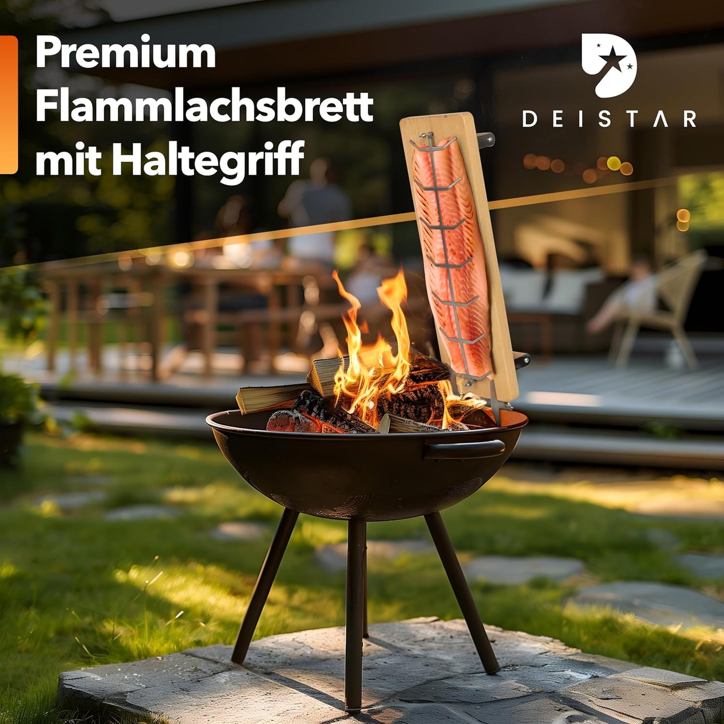 Flammlachsbrett mit Edelstahlhalterung