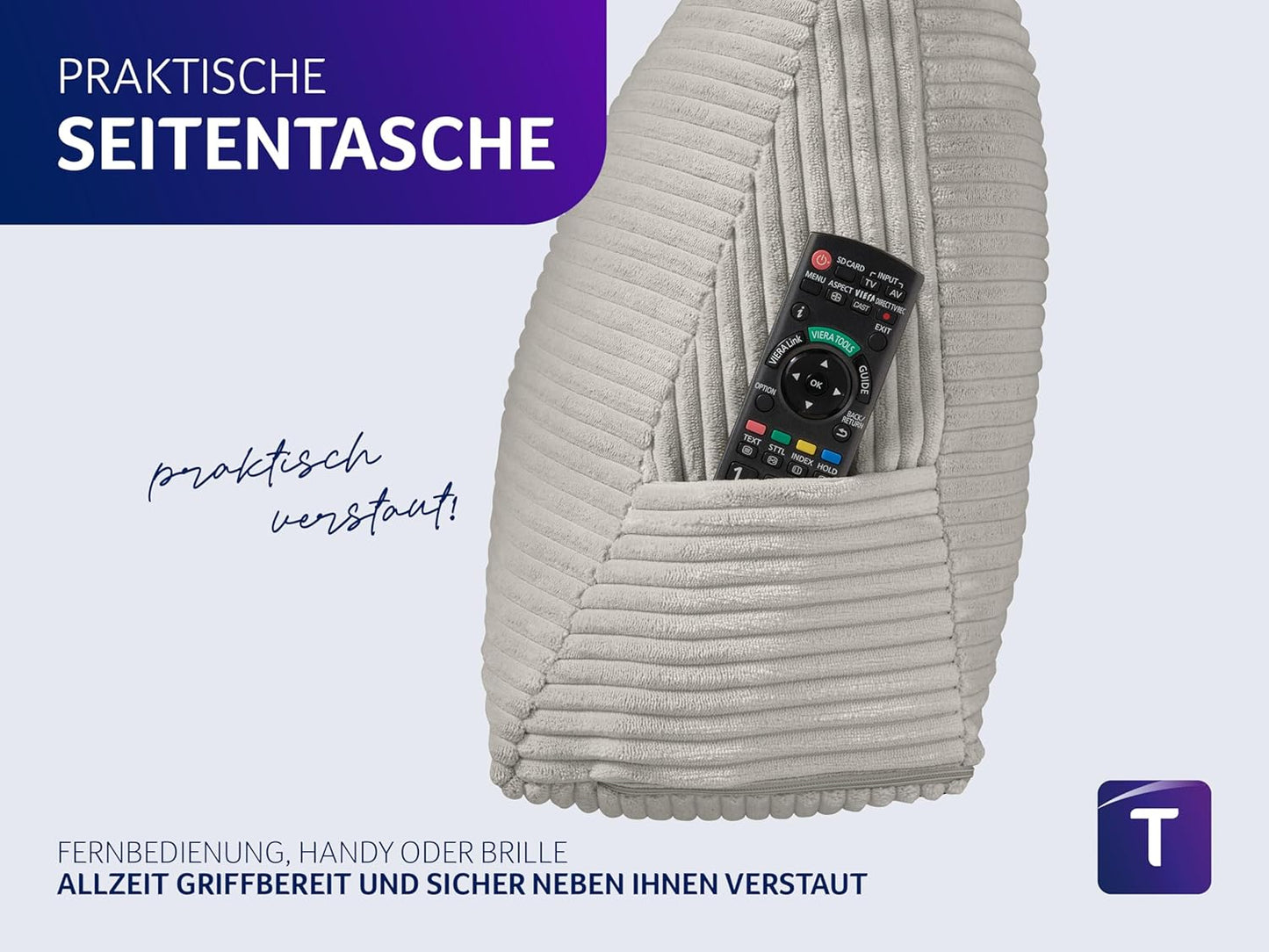 Cozy Rückenkissen mit Seitenfach, Hellgrau Kord (100% Polyester)