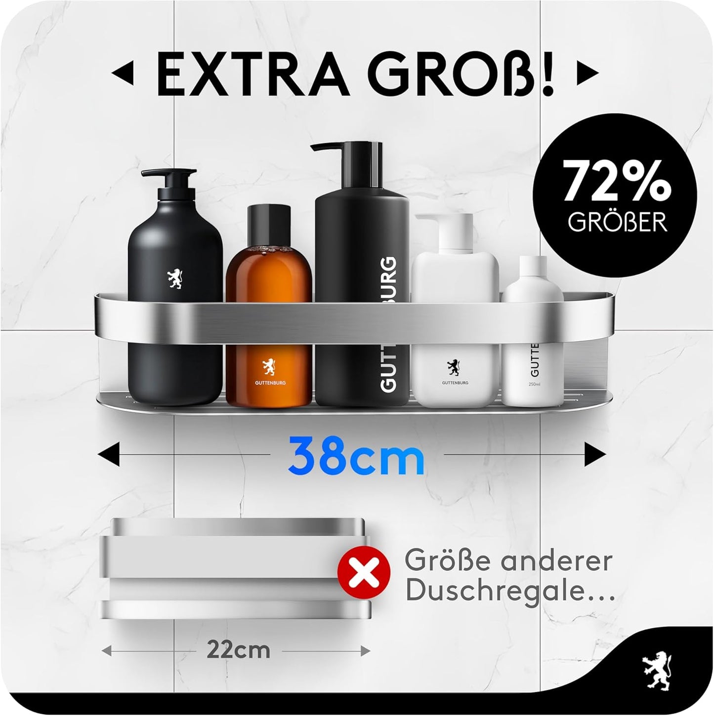 Duschablage ohne Bohren (XXL, 38cm, Edelstahl), ARCOS 38