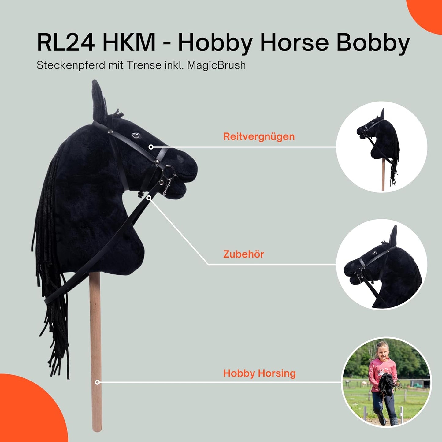 Steckenpferd Bobby mit Trense & MagicBrush, Bobby (Schwarz)
