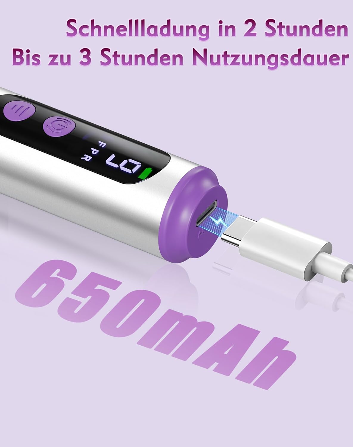 Elektrischer Nagelfräser mit LCD & USB-C, 9 Geschwindigkeiten, Silber