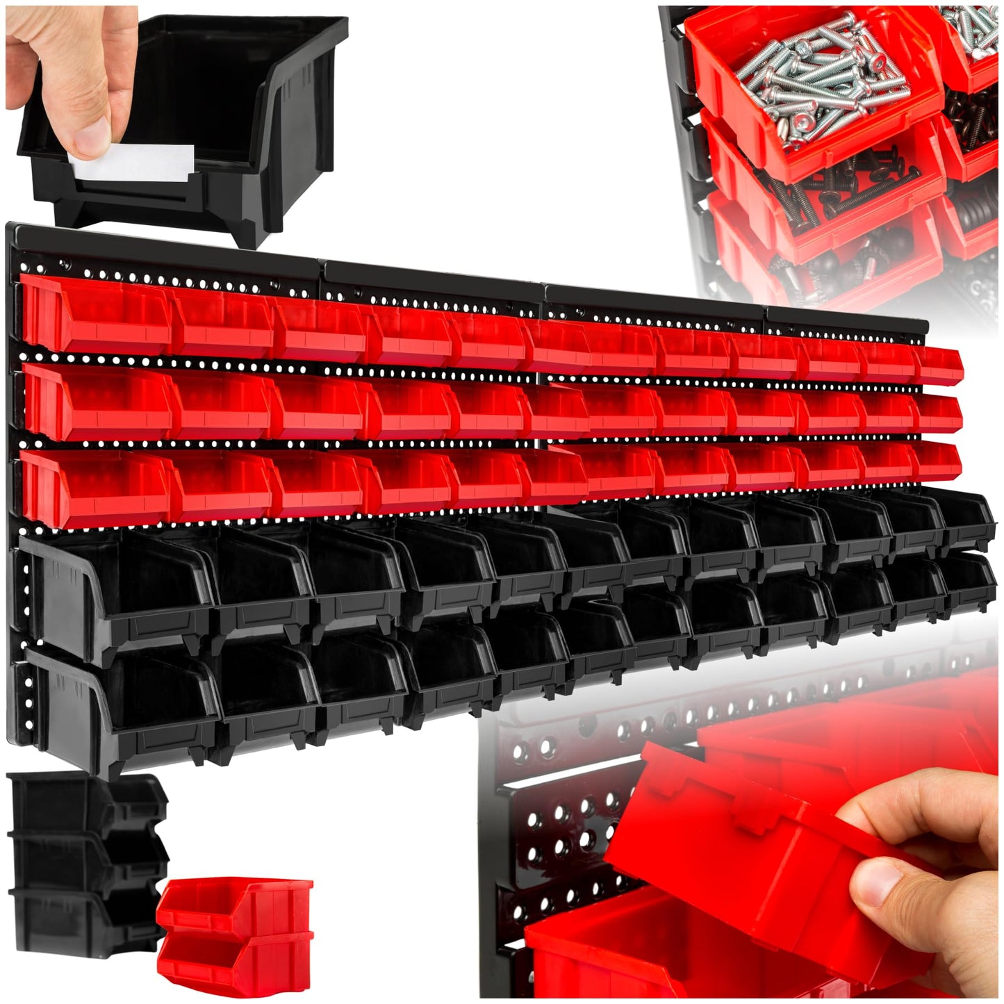 Werkstatt-Wandregal mit Stapelboxen, 64 x 38 x 17.5 cm | 2 Shelf Units, Rot, Schwarz
