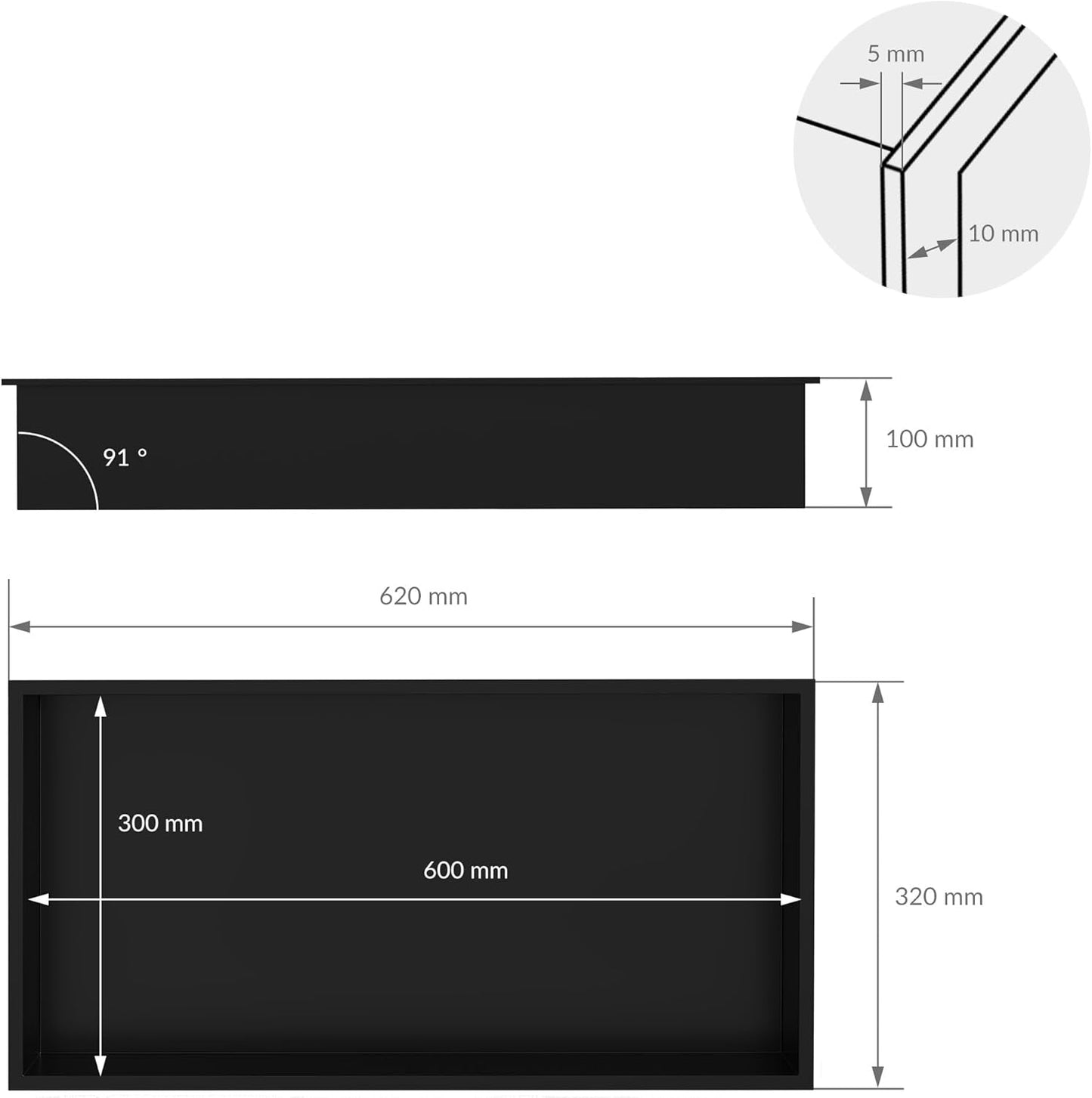 Wandnische für Badezimmer, 60 x 30 x 10 cm, 60x30x10 cm Schwarz
