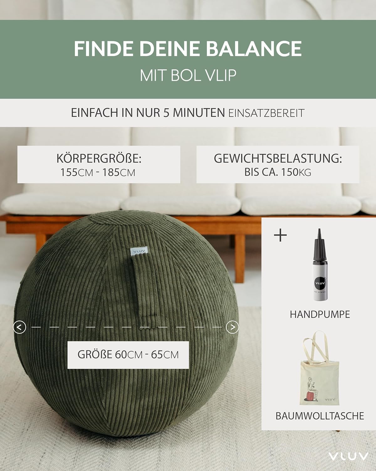 Ergonomischer Sitzball mit Tragegriff, 65 cm, Olive 60 - 65cm