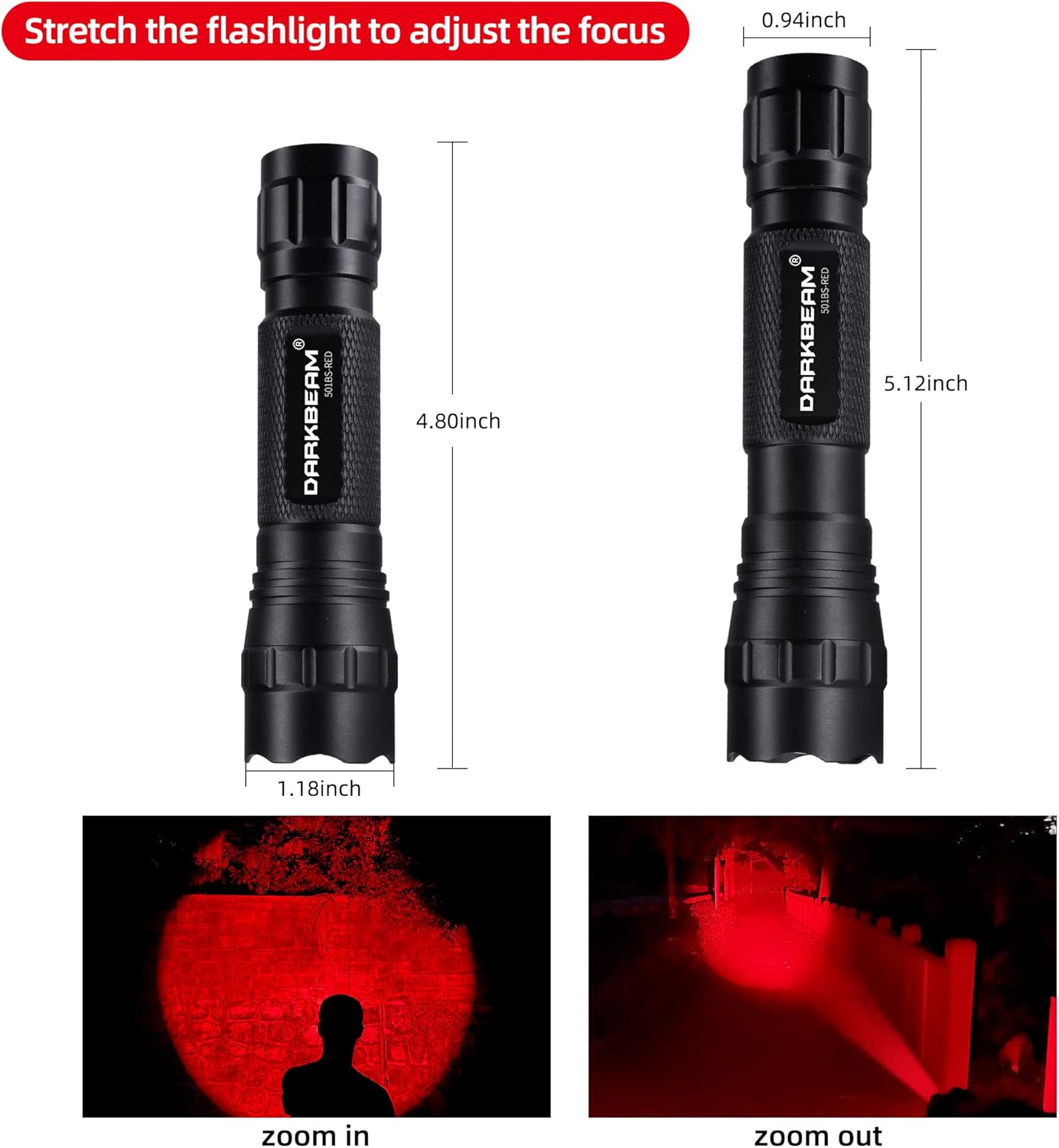 Rotlicht-Taschenlampe mit Zoomfunktion, USB-aufladbar, Rotlicht Taschengrösse
