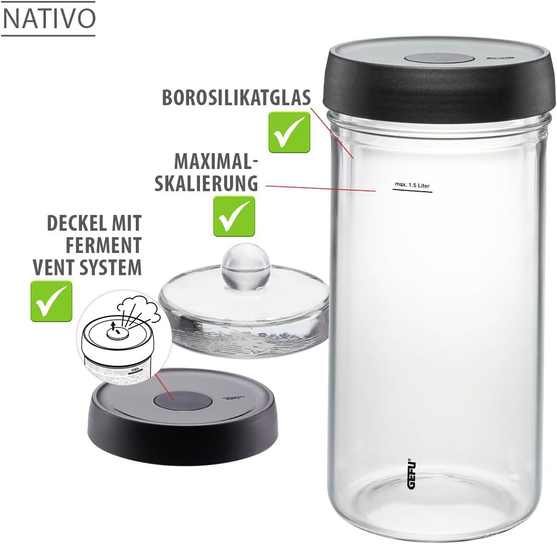 Fermentierglas, 1,5 Liter (ohne Stössel und Zange)
