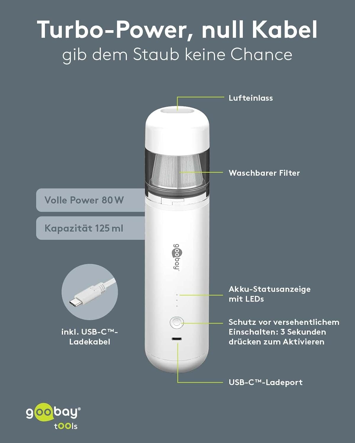 Mini-Staubsauger, leise und kompakt, goobay Mini-Staubsauger 80W