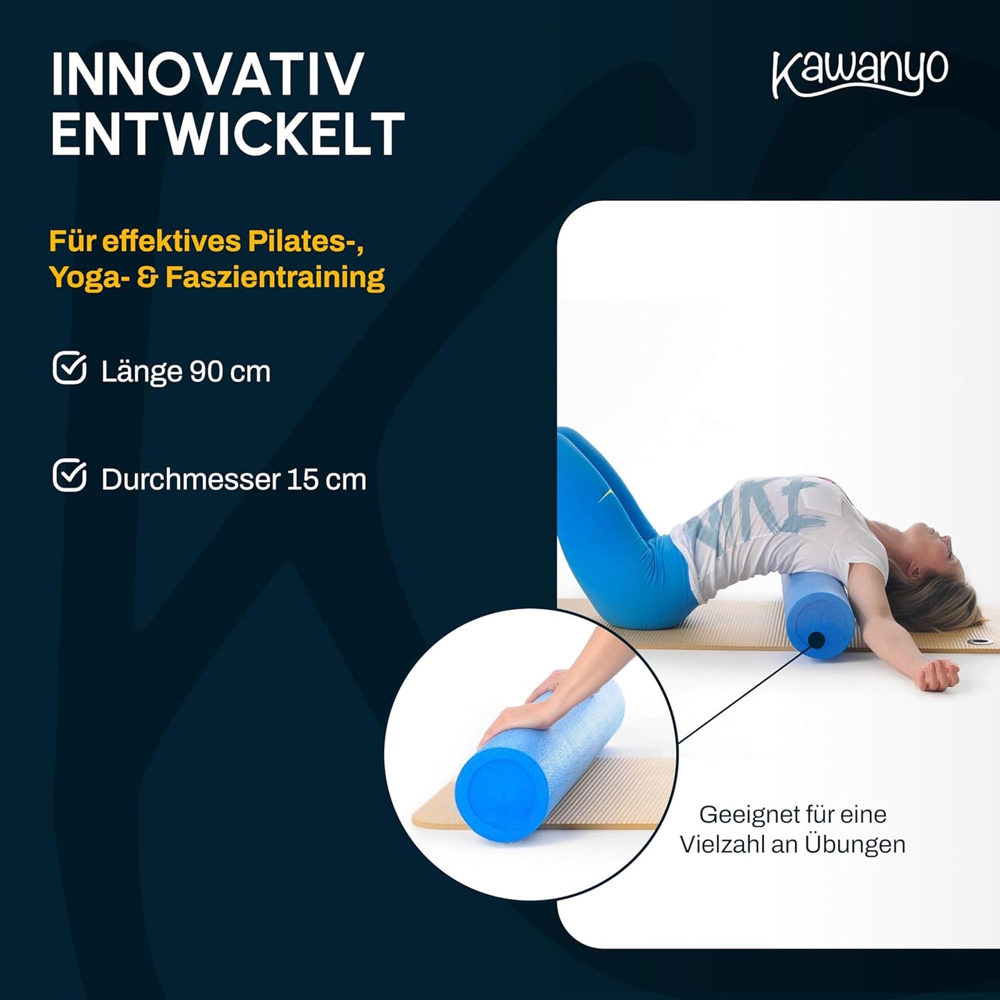 Pilates-Rolle für Stabilitäts- & Balanceübungen, 1 x 90 cm (Blau)
