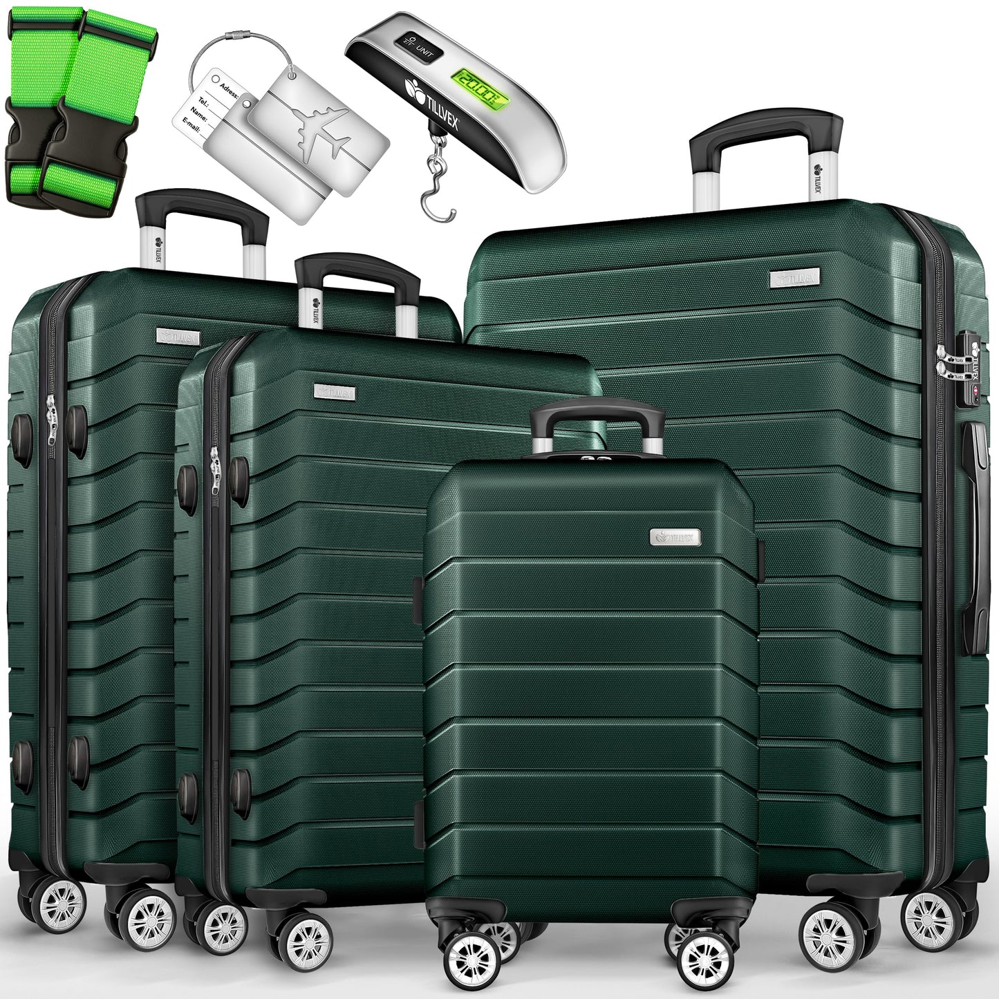 4-teiliges Reisekoffer-Set mit Kofferzubehör, Armeegrün Kofferset 4tlg