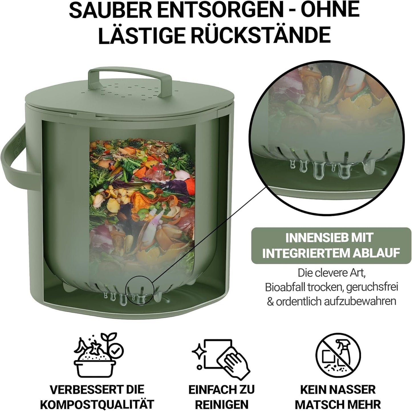 Biomülleimer mit Aktivkohlefilter 6L, geruchsdicht, Grün mit Aktivkohlefilter