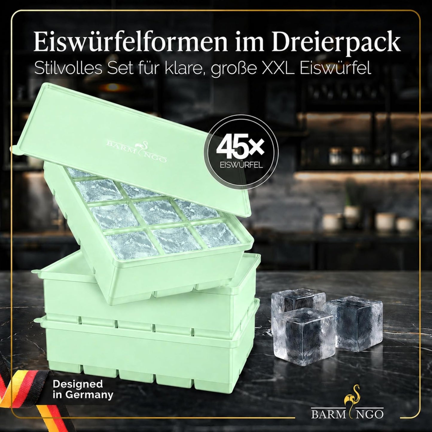 3er Set Eiswürfelform mit Deckel, 15 XXL Würfel Pastell Grün 3
