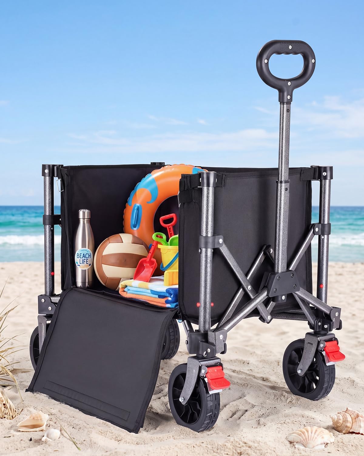 Faltbarer Bollerwagen mit verstellbarem Griff 70L, Tiefschwarz 70L