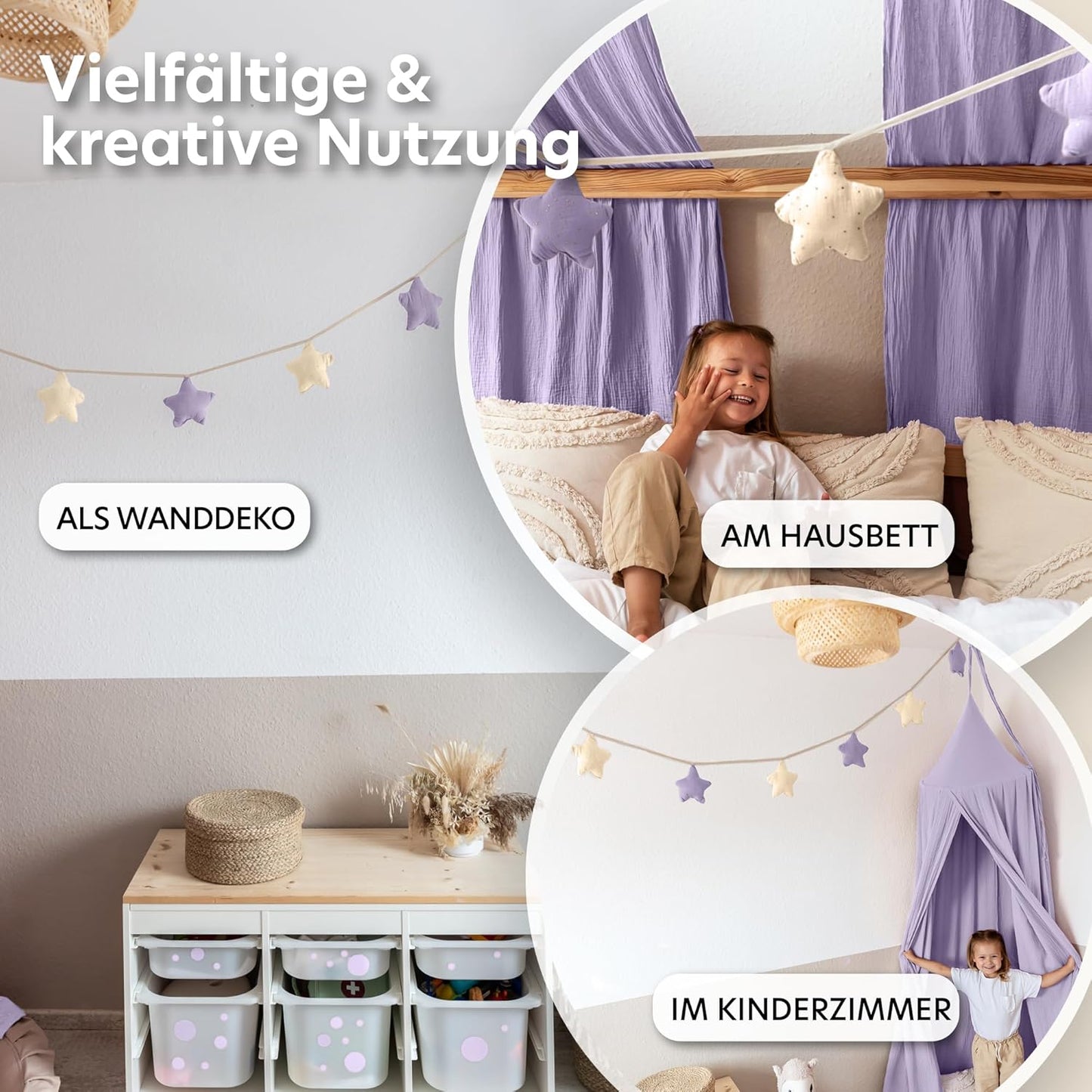 Sternenkette mit Goldapplikation, Creme & Flieder Sterne mit Goldapplikation