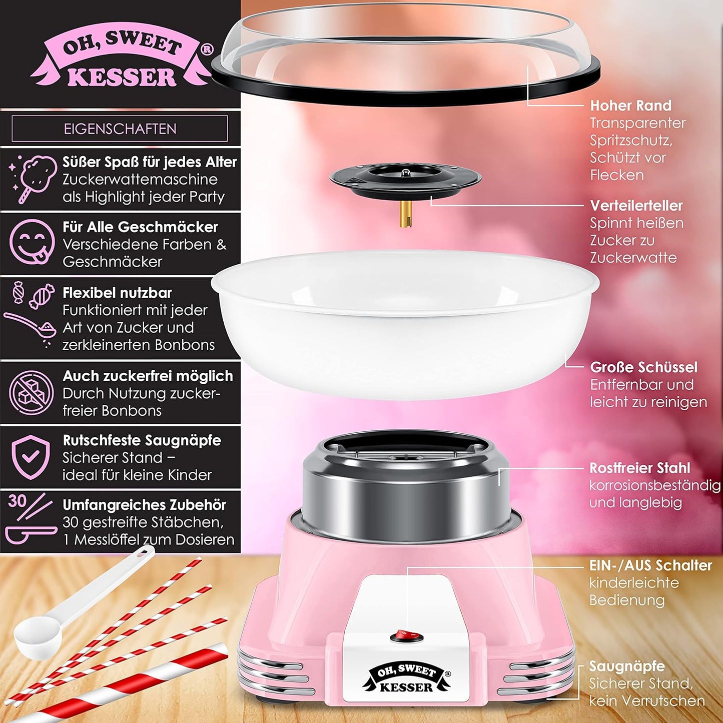 Zuckerwattemaschine Set mit Zubehör, Rosa / Weiß