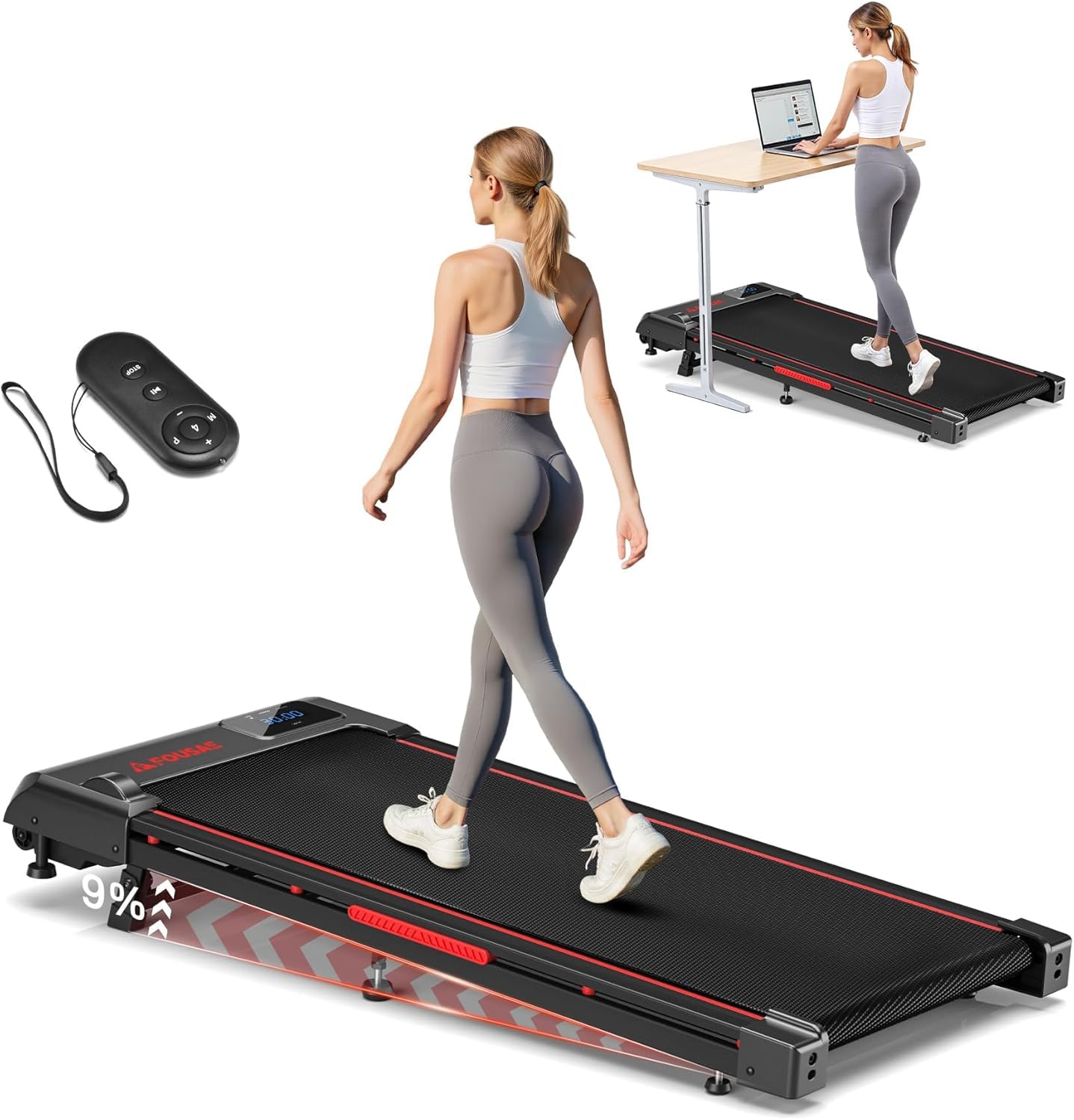 Walking Pad mit Steigung und 12 Programmen, Schwarz Rot