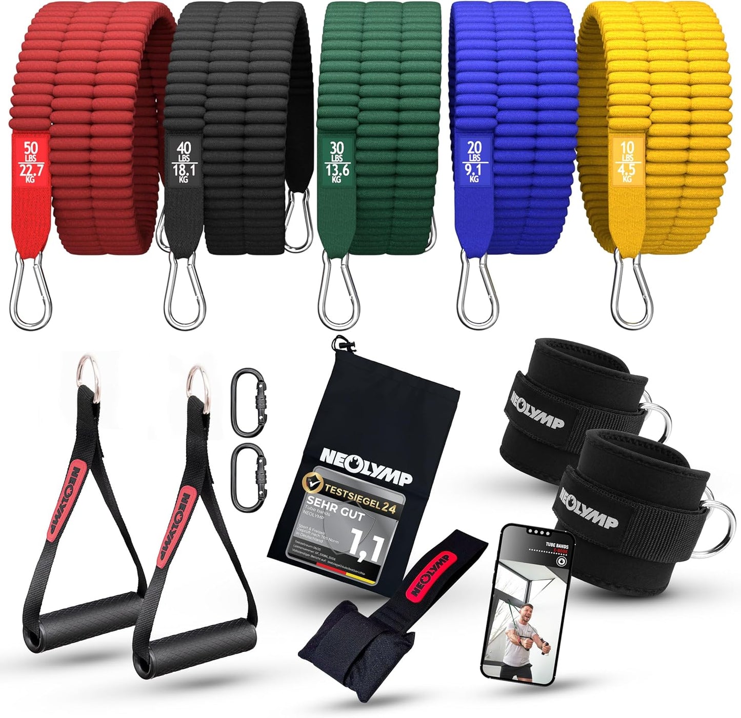 Premium Resistance Bands Set, 5er Resistance Bands Set mit Grifferweiterungen, Fußschlaufen und Türanker