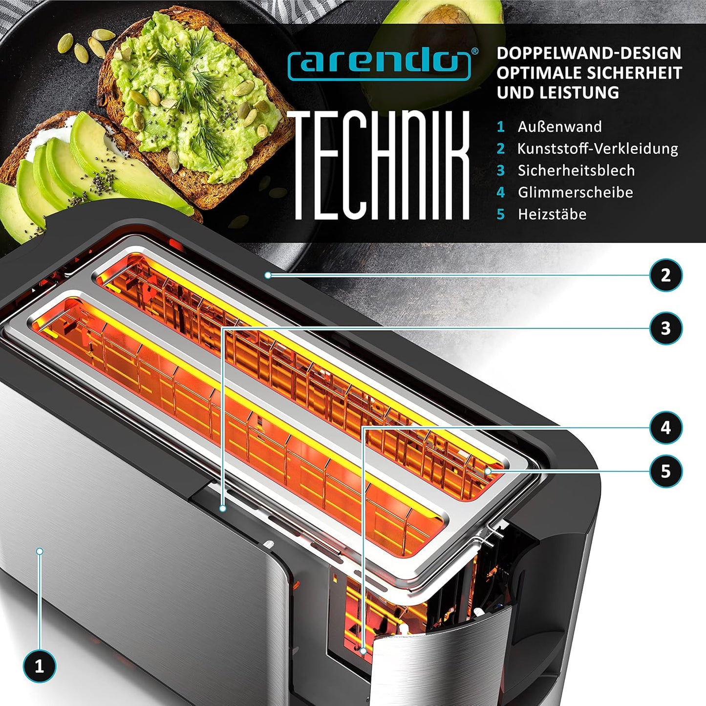 Langschlitz-Toaster für 4 Scheiben, C: Steelsilver