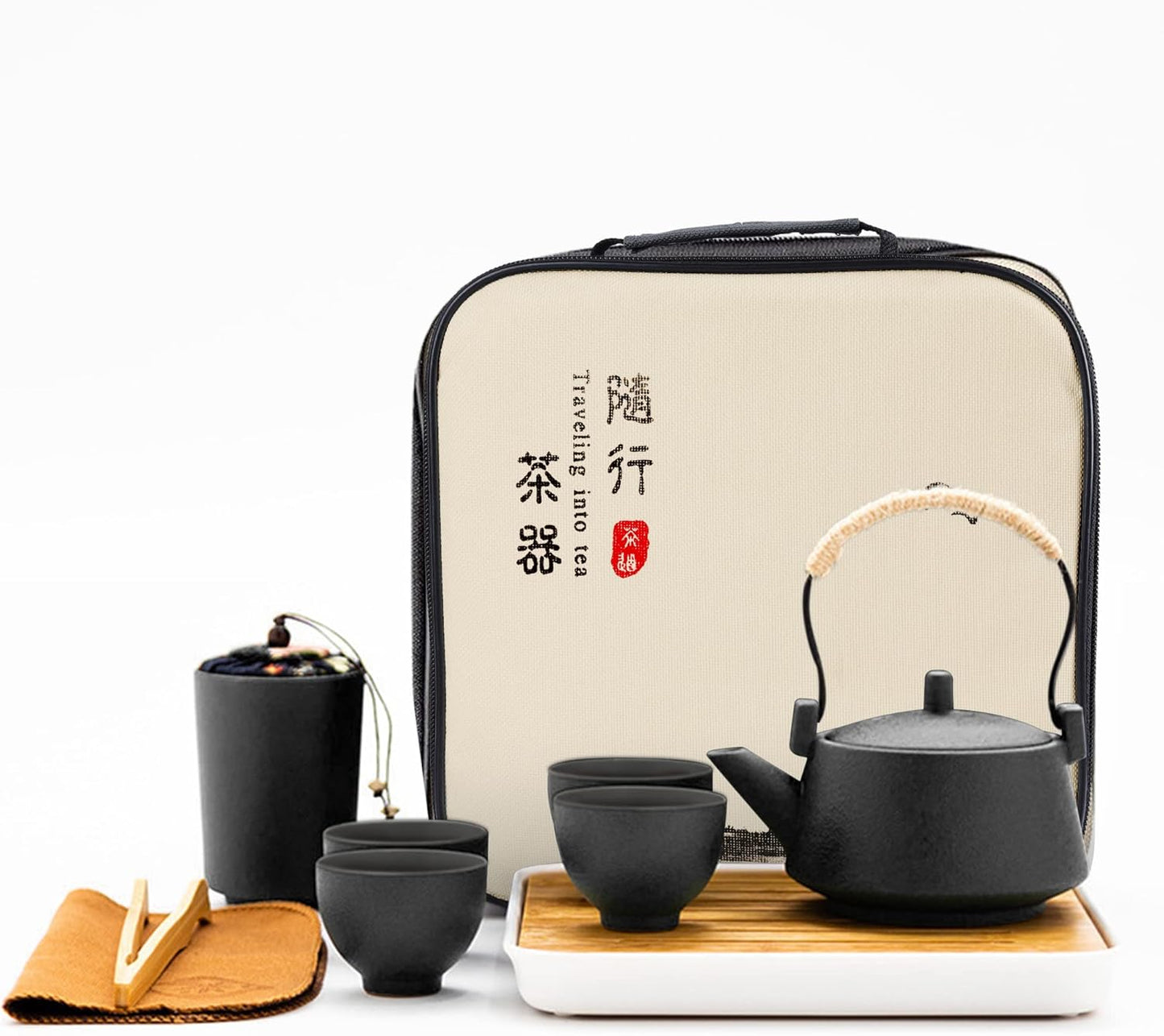 Reise Tee Set mit Teekanne und Reisetasche, Schwarz