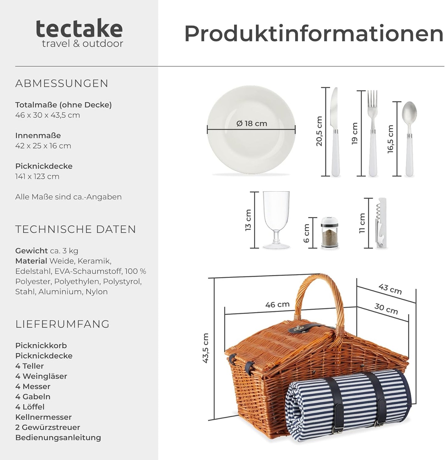 Picknickkorb Set Usedom mit Decke für 4 Personen, Model Usedom