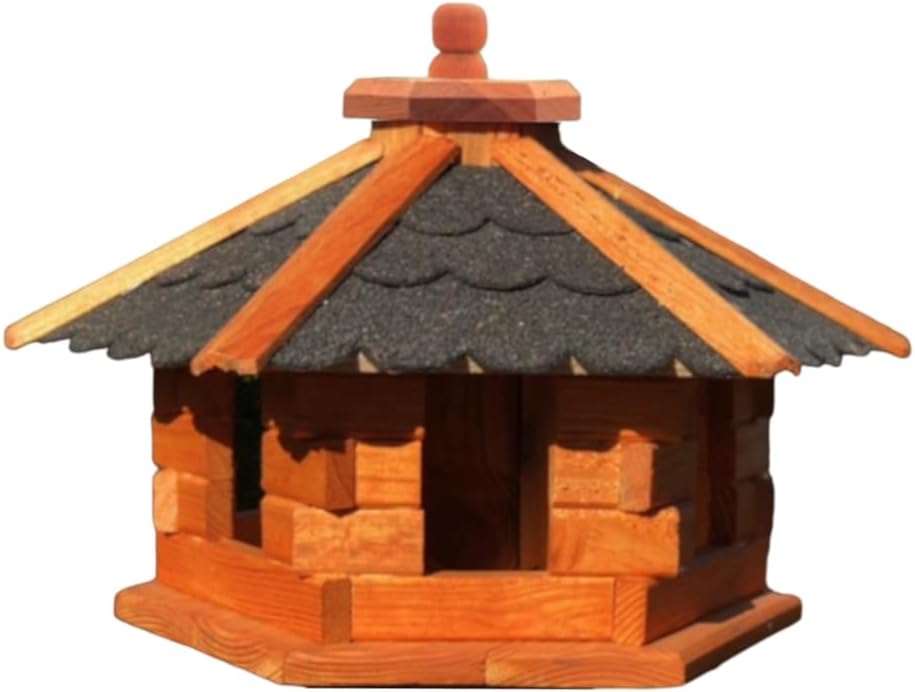 Handgefertigtes Sechseck-Vogelhaus aus Holz (Grösse M), Größe M ohne Ständer Schwarz - Braun
