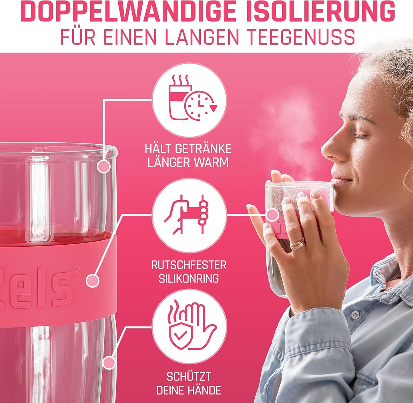 Teeglas mit Sieb und Deckel, Himbeerrot