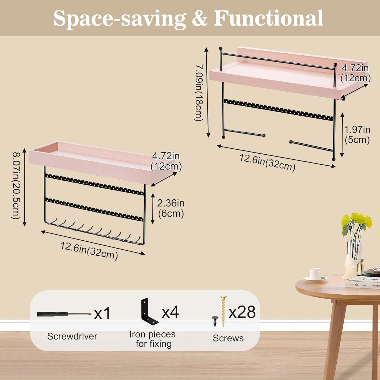 2er-Set Schmuckständer zur Wandmontage, Rosa