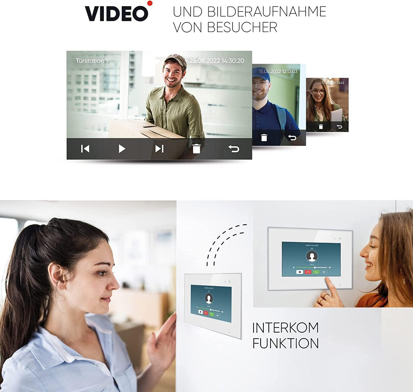 EVO-HD Video Türsprechanlage, 2 Monitore, Mit App B. Schwarz/Weiss