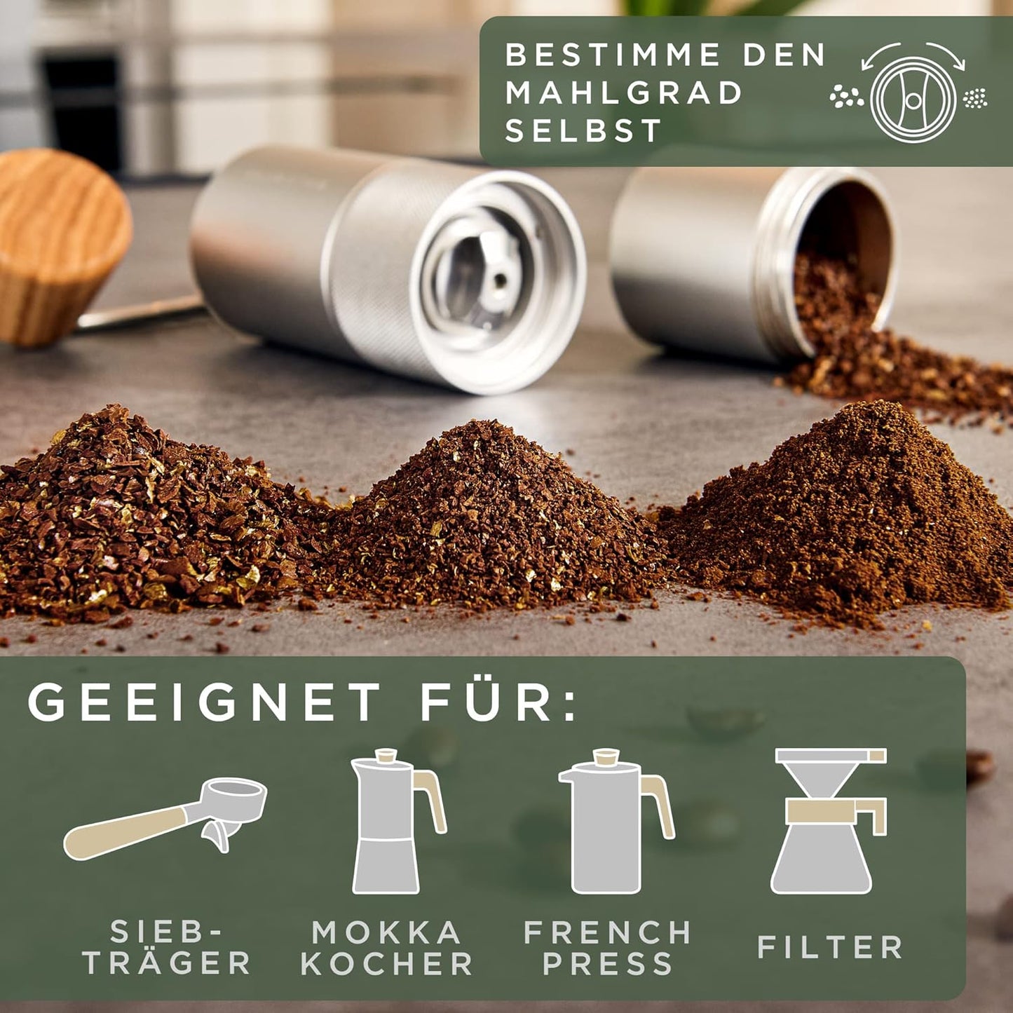 Manuelle Espressomühle mit Edelstahlmahlwerk, Kaffee