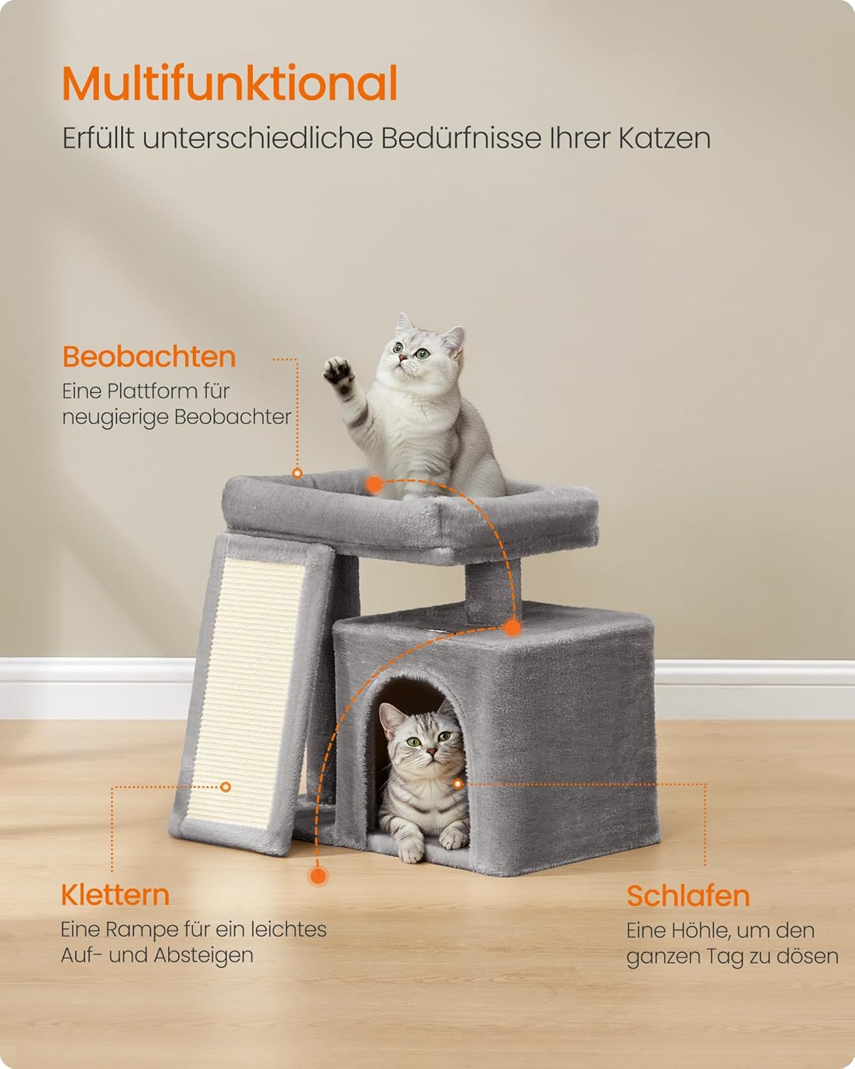 Katzenkratzbaum mit Plattform und Höhle, taubengrau S (51 x 39,2 x 46,4 cm)