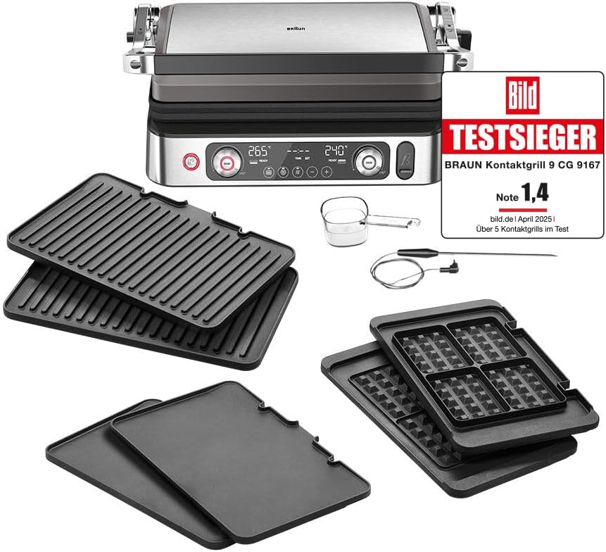 MultiGrill 9 Pro Kontaktgrill, 2 Grill-/2 Plancha-/2 Waffel-Platten, digitale Temperatureinstellung