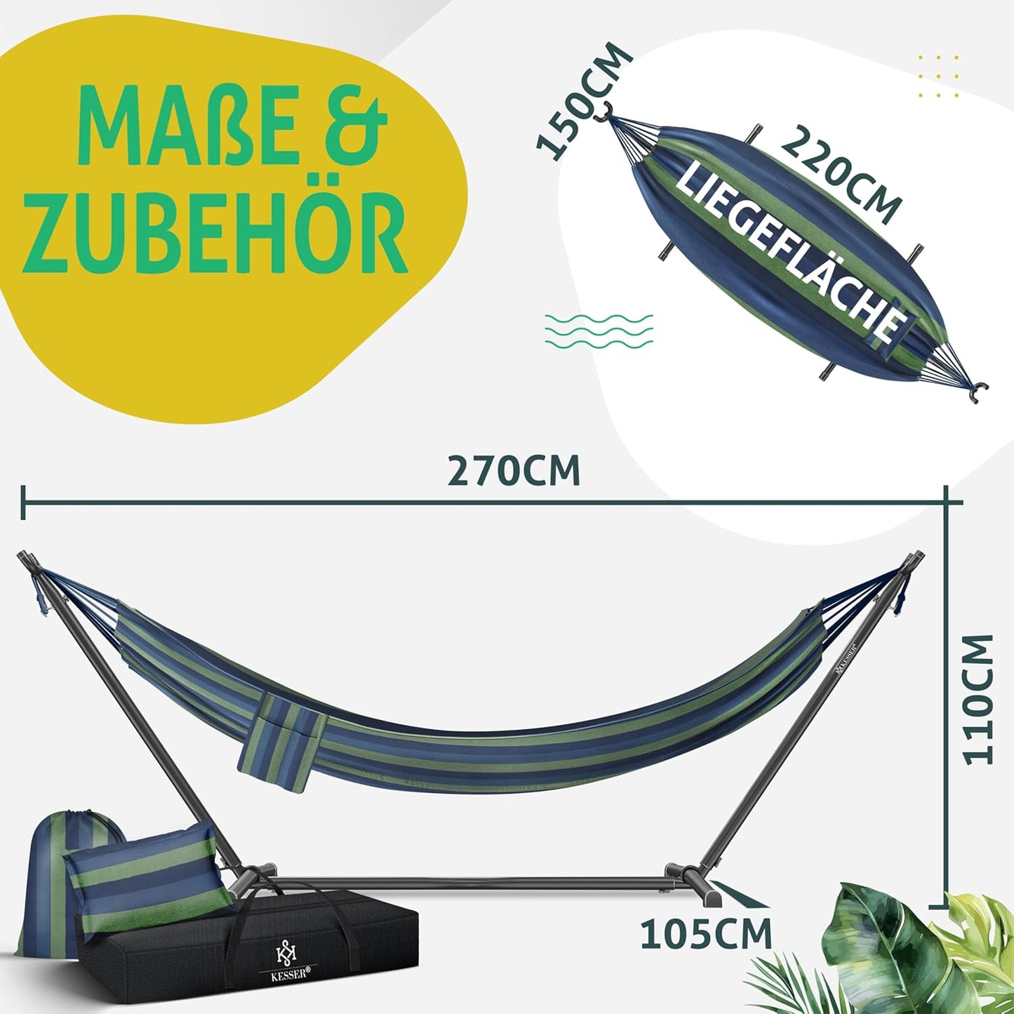 Hängematte mit Gestell für 2 Personen (200kg), Blau