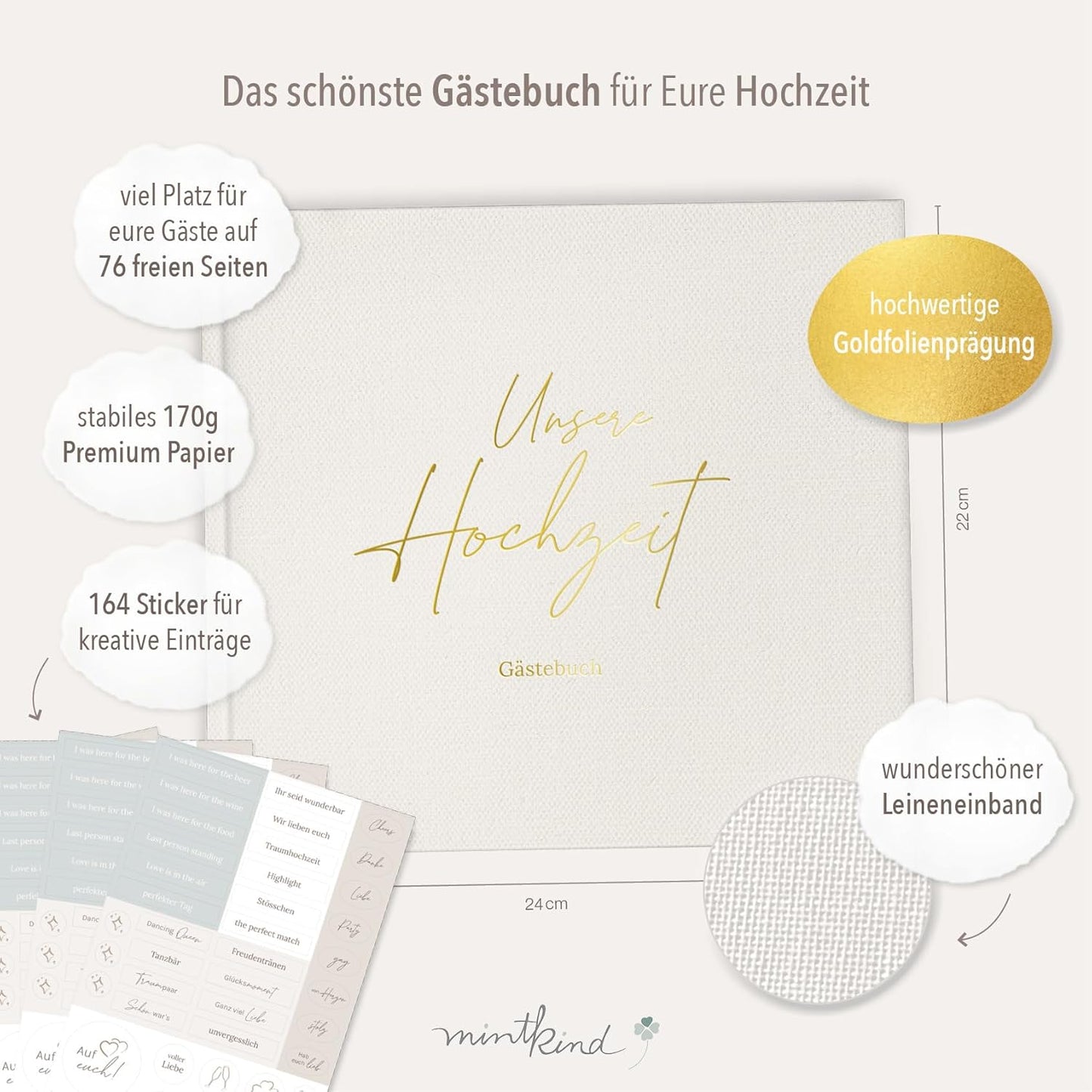 Hochzeits-Gästebuch mit Stickerbögen, Offwhite Ohne Fragen