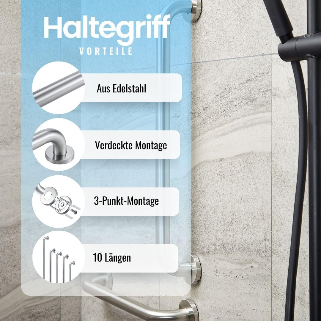 Haltegriff für Dusche und Badewanne, Edelstahl 250mm, Edelstahl Gebürstet 250mm