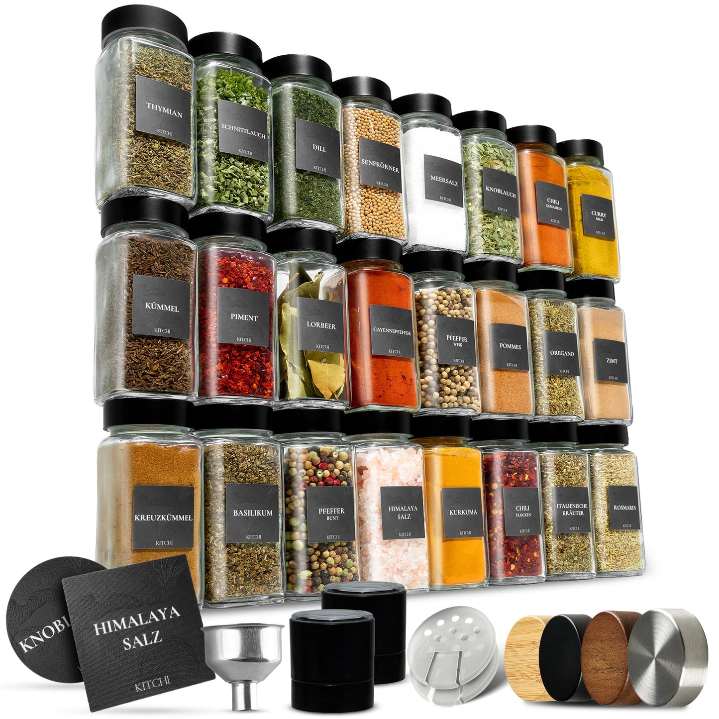 Gewürzgläser-Set mit Mühlen, Schwarz + 2 Mühlen