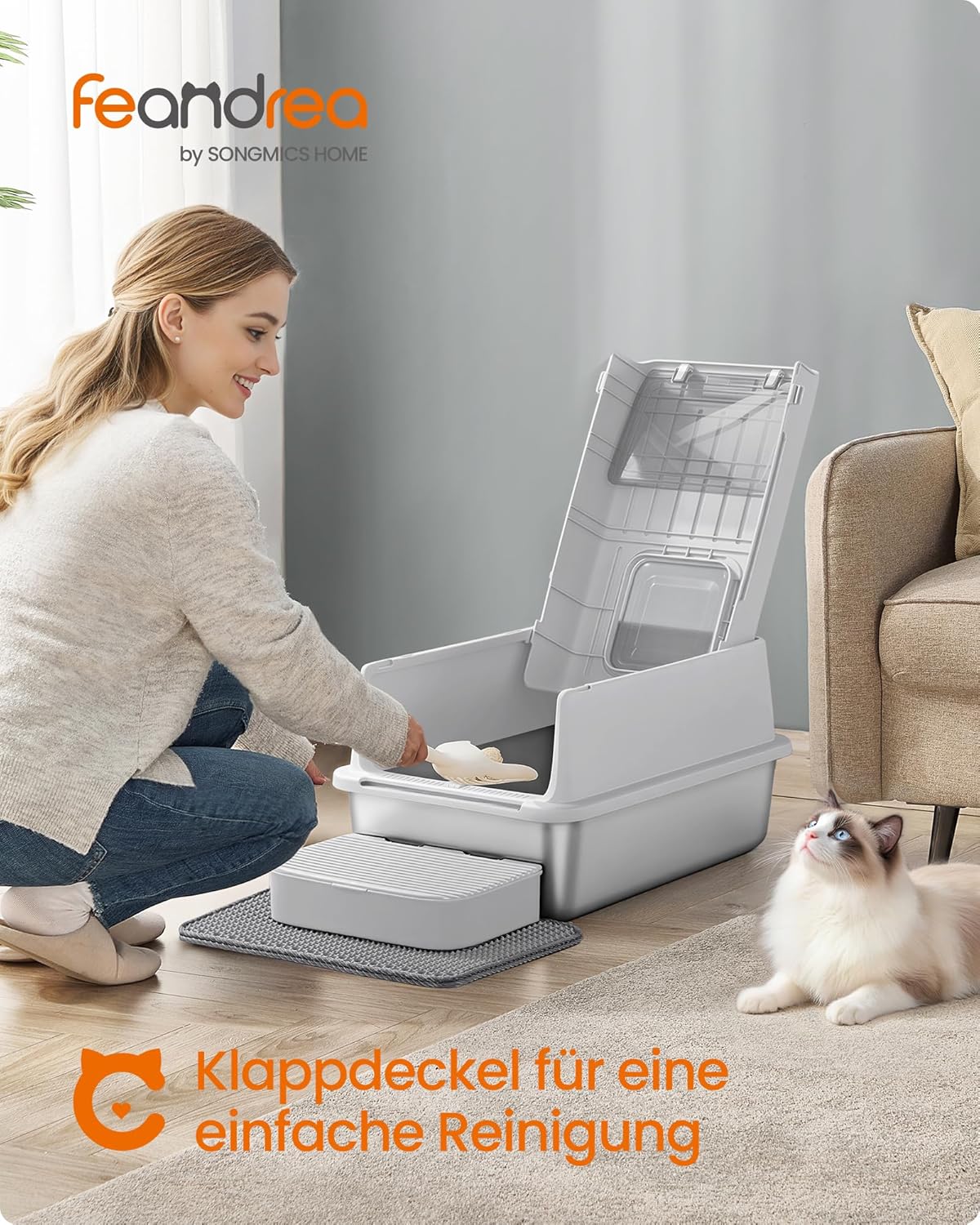 Katzentoilette PPT007GD01 mit Deckel, Schaufel, Katzenstreumatte und 2 Eingängen, hellgrau