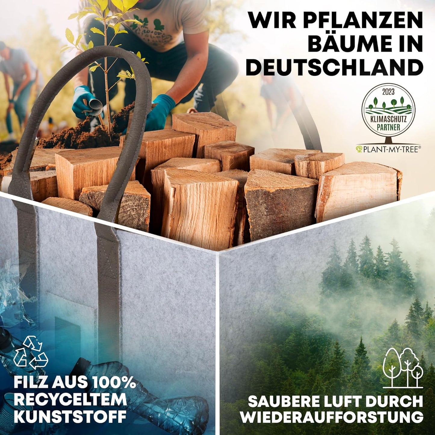 2er-Set Einkaufstaschen & Kaminholzkorb, Doppelpack Hellgrau