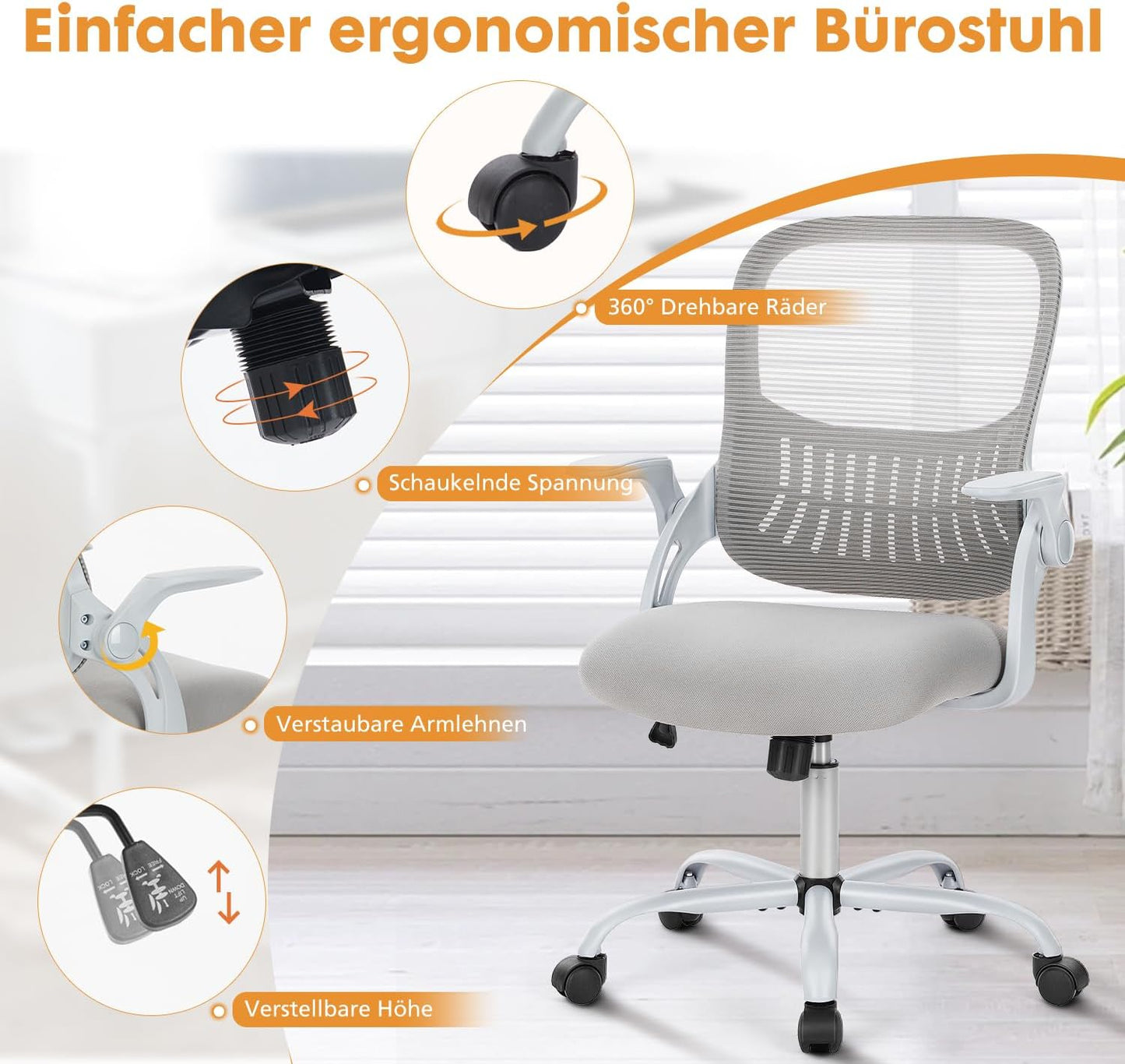 Ergonomischer Bürostuhl mit Lendenwirbelstütze, Verstellbare Armlehnen-gray