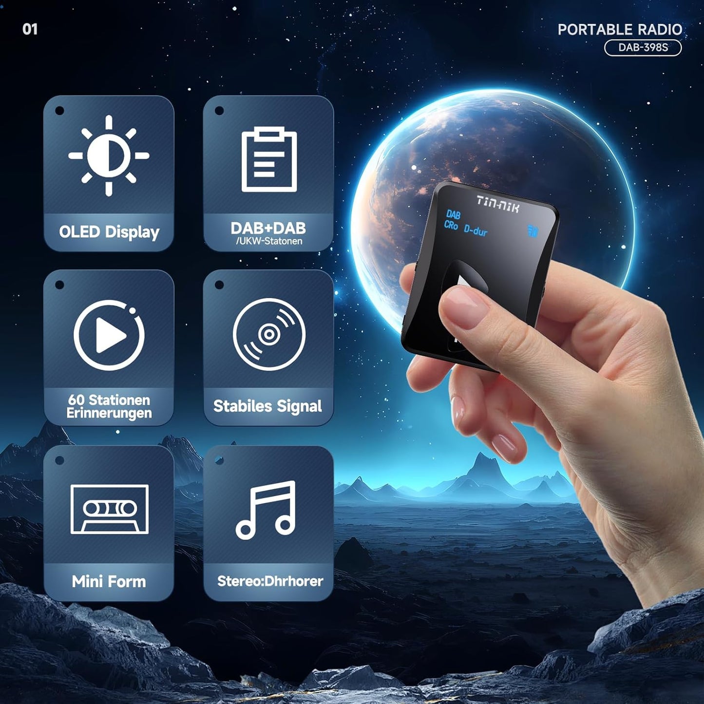 DAB/DAB+/UKW-Taschenradio DAB-398S mit OLED-Display