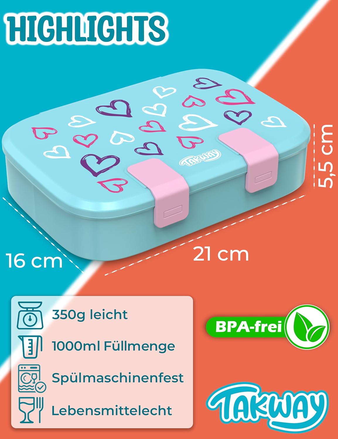 Brotdose Kinder Bento Box mit Fächern (BPA-frei), Herzen