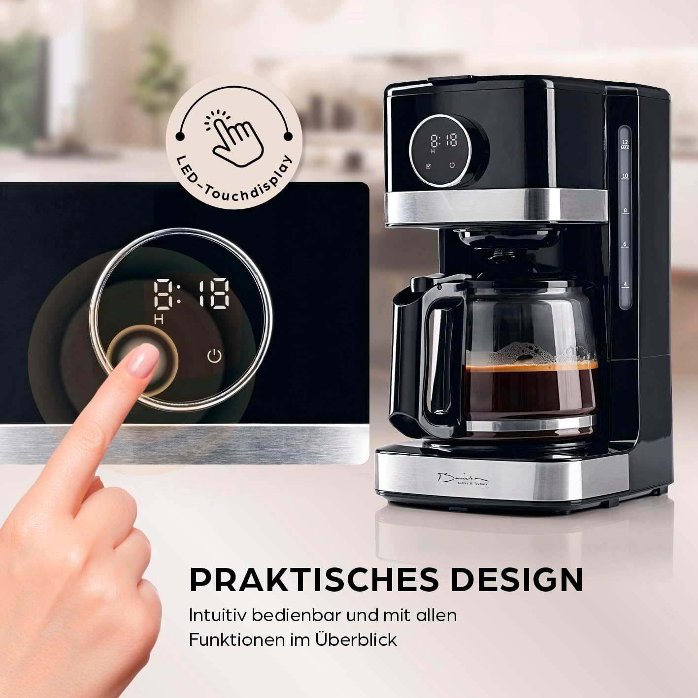 Kaffeemaschine mit Touchdisplay und Timerfunktion, 10) Schwarz - Glaskanne (Touch Display)